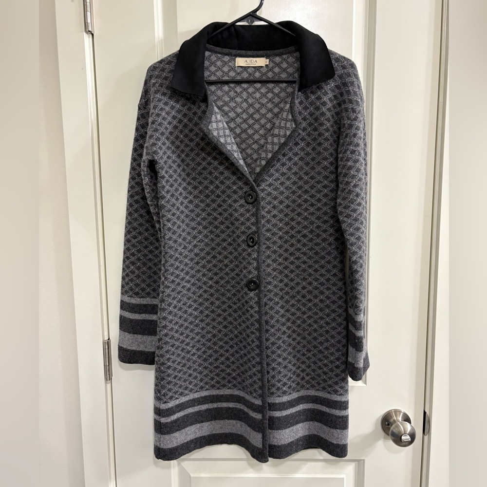 A. Ida Gray and Black Italian Geometric Wool Cardigan Duster Sweater